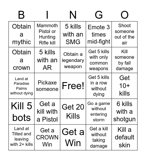 Fortnite Reload 5 Matches Bingo Card