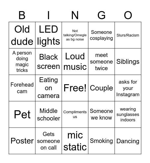 Omegle bingo Card