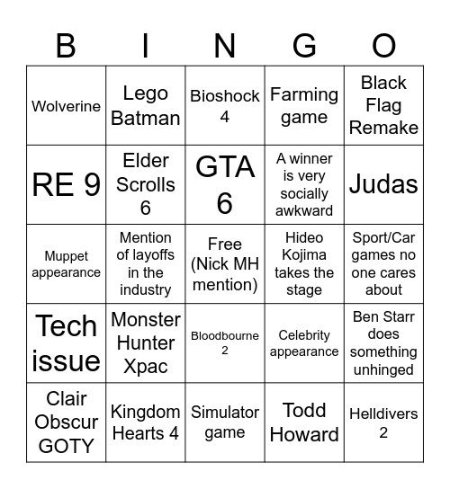 TGA 2025 Bingo Card