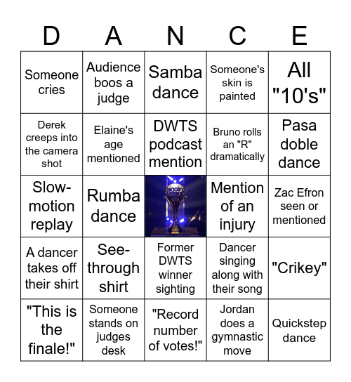 Dancing With The Stars Finale Bingo Card