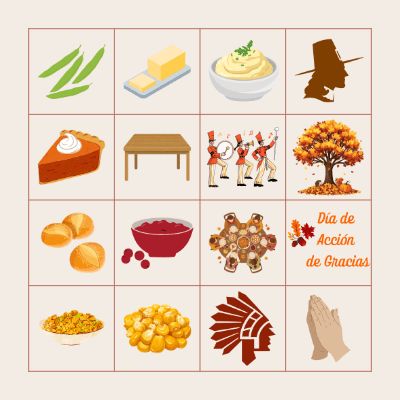Vocabulario para el Día de Acción de Gracias Bingo Card