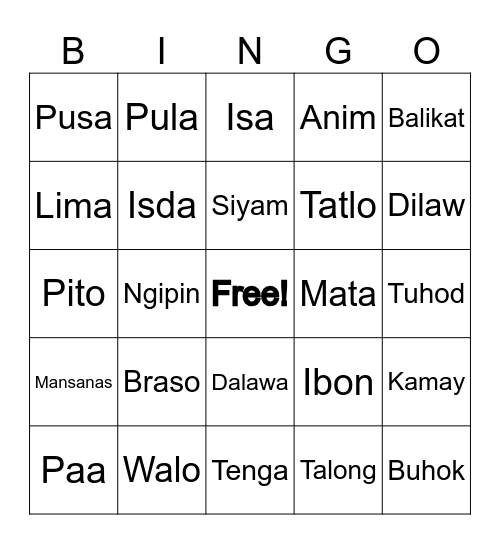 Tagalog Bingo Card