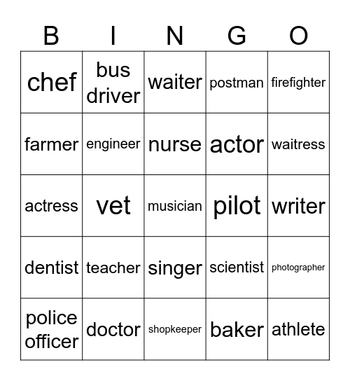 All kinds of jobs Bingo Card
