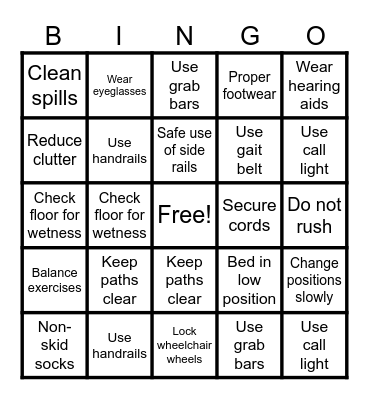 Fall Prevention Bingo Card