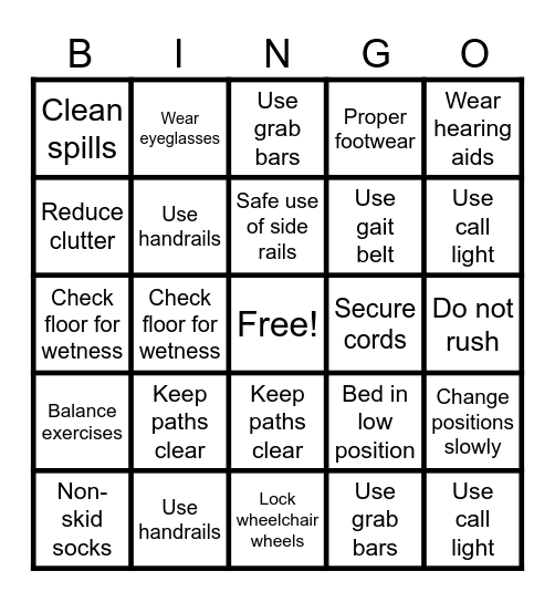 Fall Prevention Bingo Card