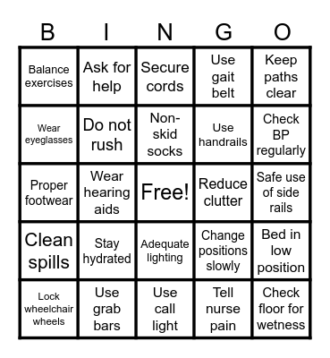Fall Prevention Bingo Card