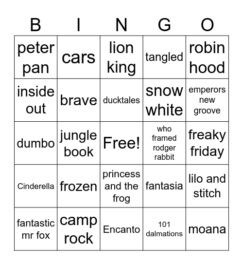 Disney Bingo Card