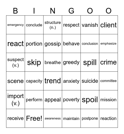 高頻率單字 Unit 21-23 複習 Bingo Card