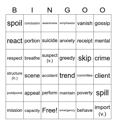 高頻率單字Unit 21-23 Bingo Card