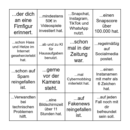 Finde jemander der... Bingo Card