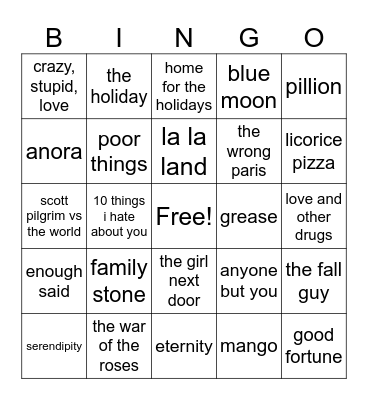 Rom-Com Bingo Card