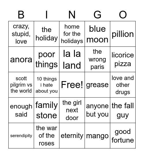 Rom-Com Bingo Card