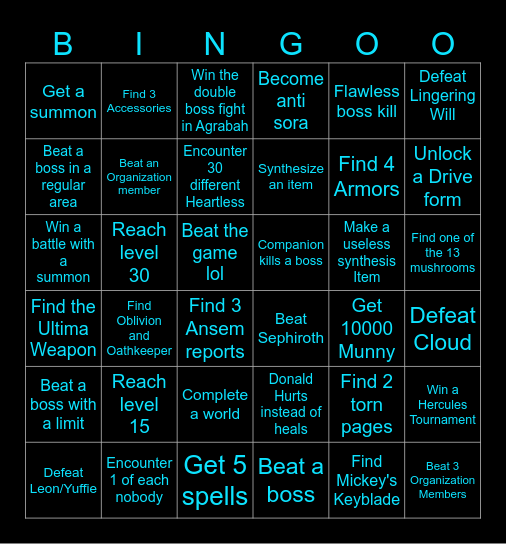 Kingdom Hearts 2 Randomized Bingo Card