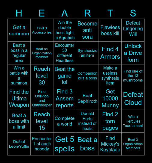 Kingdom Hearts 2 Randomized Bingo Card