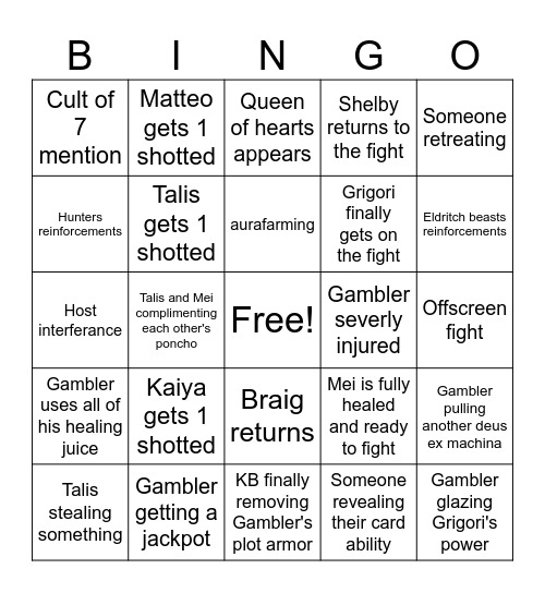 Dead Man's Bingo Card