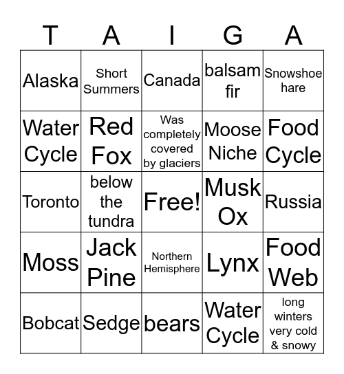 TAIGA Bingo Card