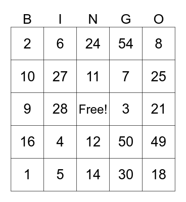 Multiplication and Division Bingo Card