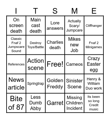 fnaf 2 movie Bingo Card
