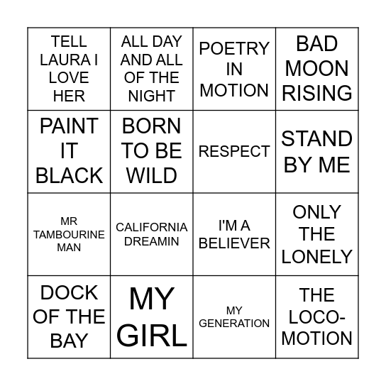 SONGS FROM THE 1960'S Bingo Card