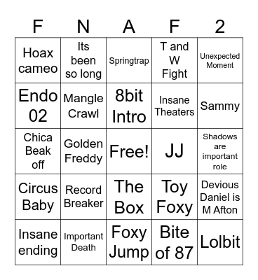 FNAF MOVIE 2 BINGO Card