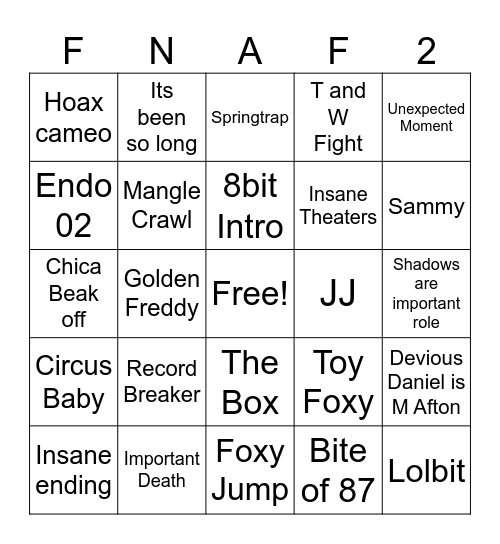 FNAF MOVIE 2 BINGO Card