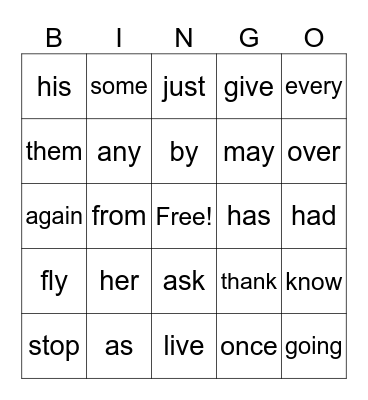 G1 Sight Words Bingo Card