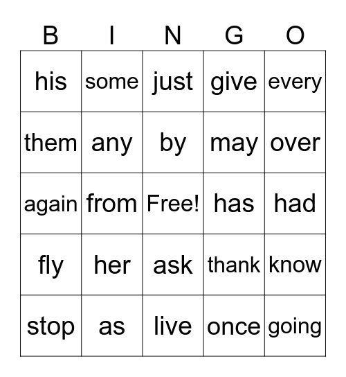 G1 Sight Words Bingo Card