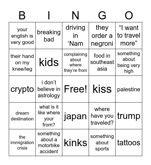 First Date Bingo Card