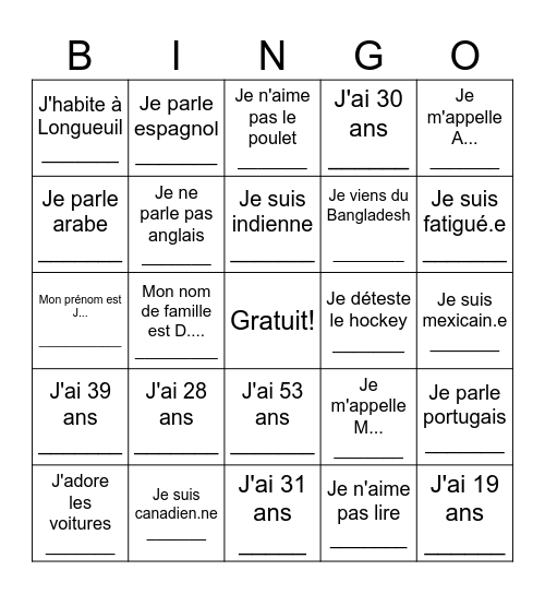 BINGO HUMAIN Bingo Card