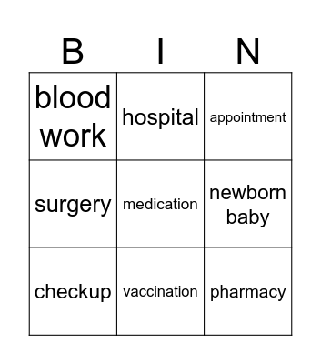 Clinic and Hospital Bingo Card