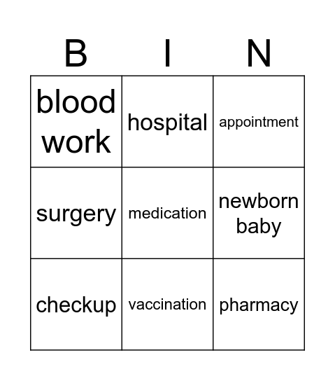 Clinic and Hospital Bingo Card