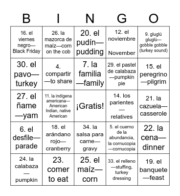 El Día de Acción de Gracias Bingo Card