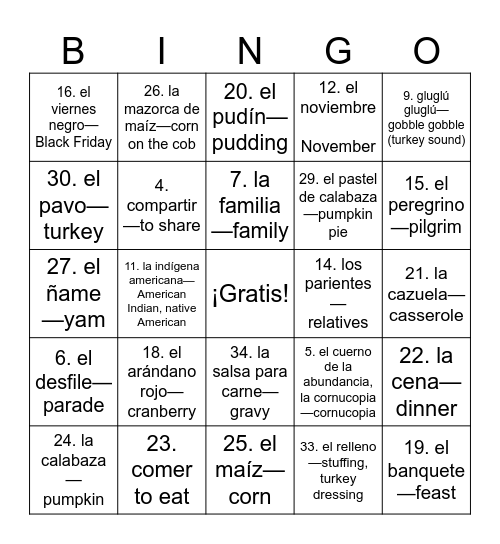 El Día de Acción de Gracias Bingo Card