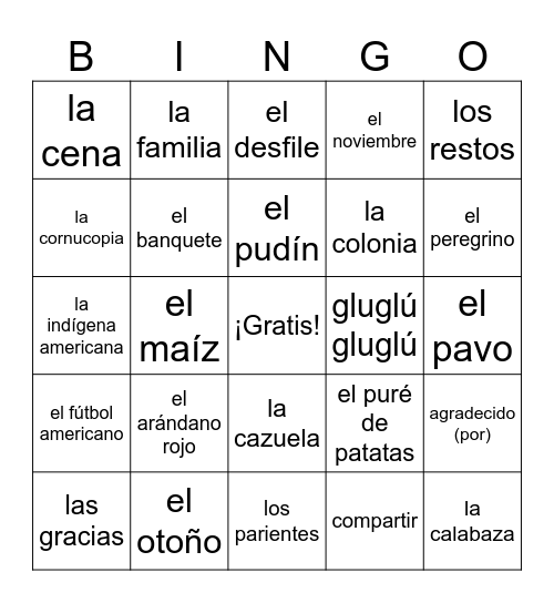 El Día de Acción de Gracias Bingo Card