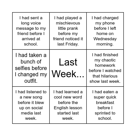 Bingo Past Perfect Bingo Card