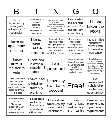 Your Future Bingo Card