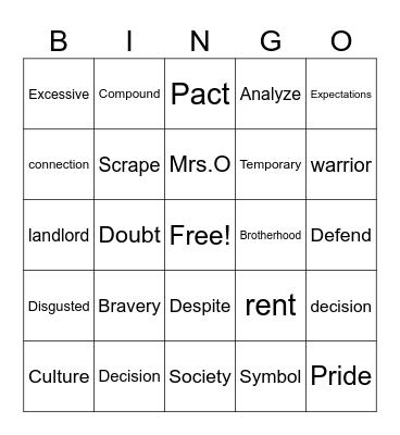 Block F Bingo Card