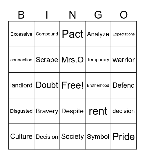 Block F Bingo Card