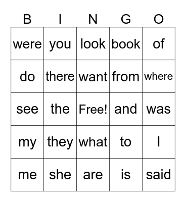 Heart Word BINGO Card