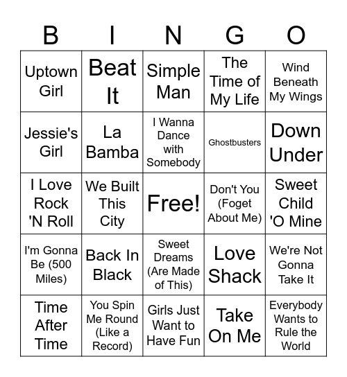 80's Music Bingo Card