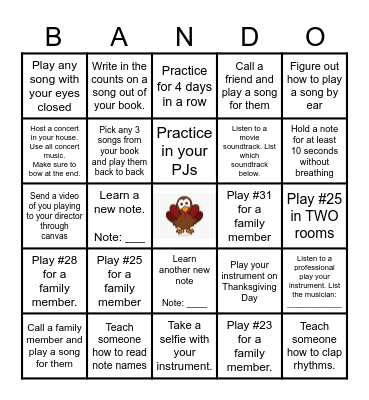 Thanksgiving Band Bingo Card