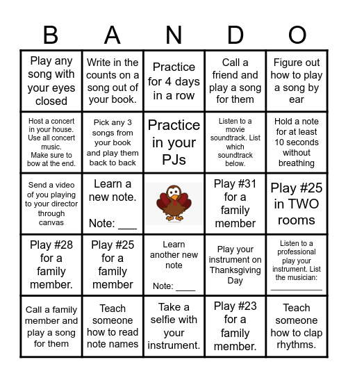 Thanksgiving Band Bingo Card