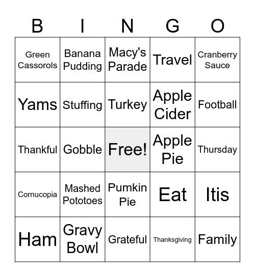 Thanksgiving Bingo Card