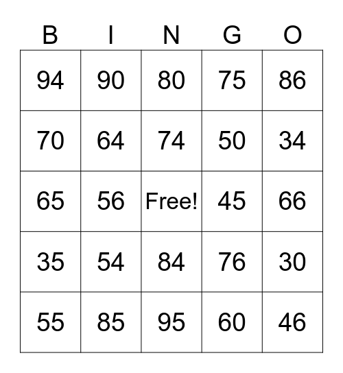 numeros 30 - 75 Bingo Card