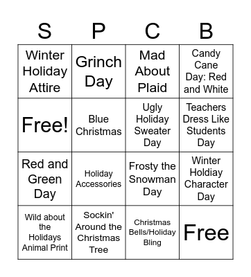 Sheldon Pines Christmas Bingo Card