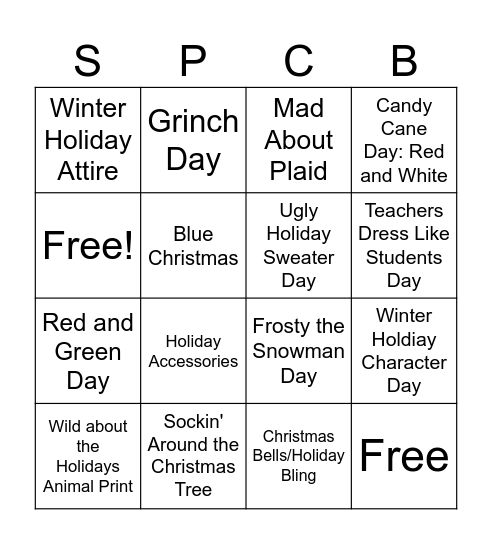 Sheldon Pines Christmas Bingo Card
