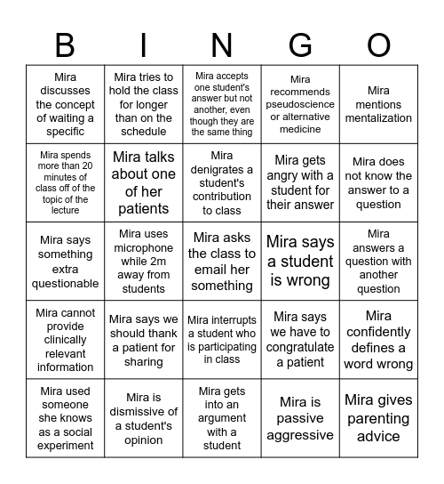 Mira Bingo Card
