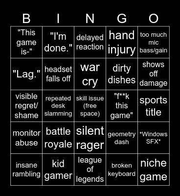 Gamer Rage Bingo Card