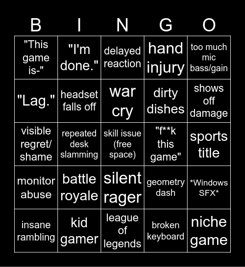 Gamer Rage Bingo Card