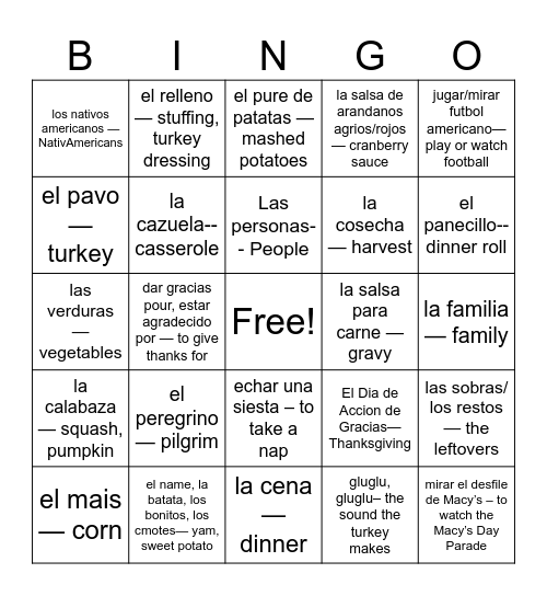 Accion de gracias Bingo Card